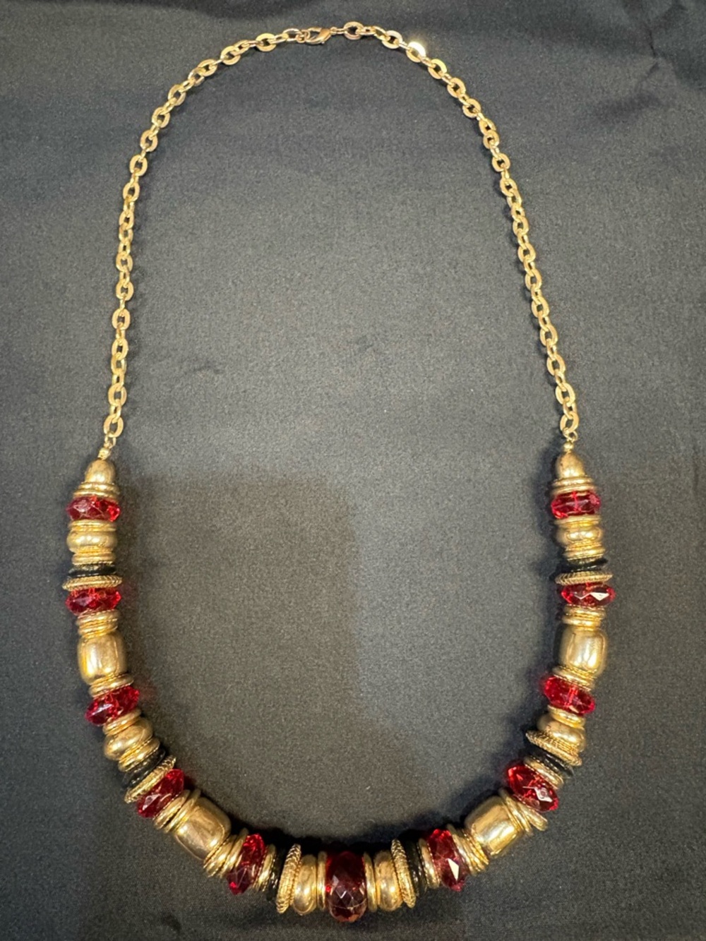 Gold-Tone Necklace with Deep Red Beads - Women's Jewelry
